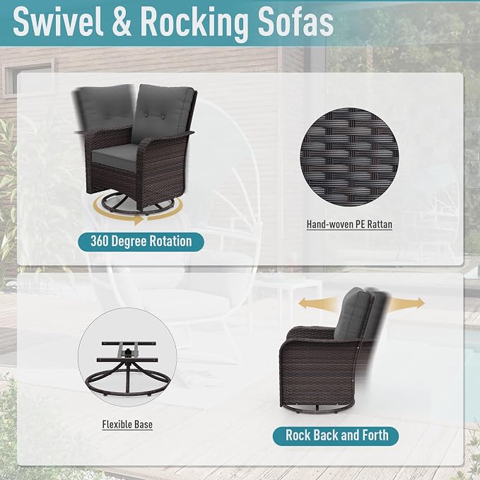 ALAULM 12 Pieces Patio Furniture Set with 2 Swivel Chairs Wicker Patio Conversation Set, Outdoor Sectional Furniture w/Coffee Table & Washable Seat Cushions-Grey