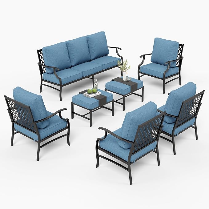 MIXPATIO Patio Furniture Set 7 pcs, Outdoor Patio Furniture, 3-Seat Sofa, 4 Single Chairs, 2 Ottomans and 5.75" Extra Thick Cushion, Conversation Set for Backyard Deck,Navy Blue