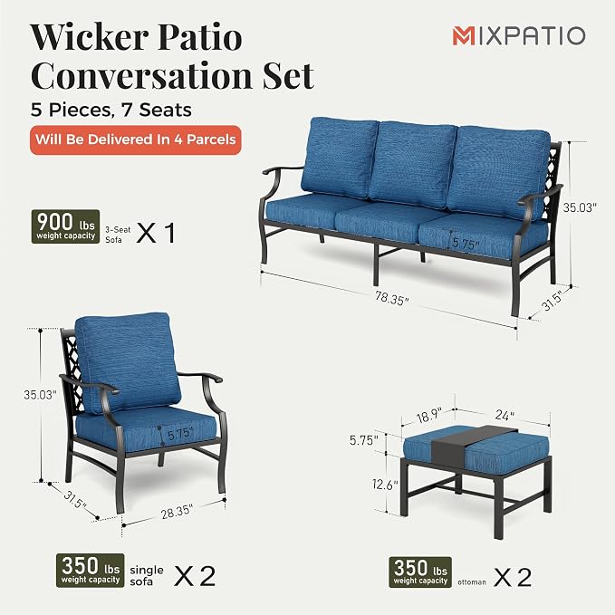 MIXPATIO Patio Furniture Set 5 pcs, Outdoor Patio Furniture, 3-Seat Sofa, 2 Single Chairs, 2 Ottomans and 5.75" Extra Thick Cushion, Conversation Set for Backyard Deck,Gemstone Blue