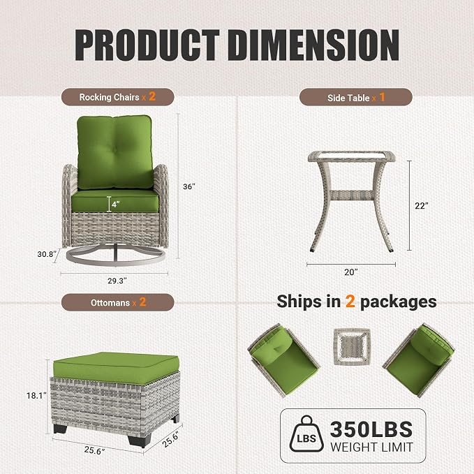 Outdoor Patio Furniture Set Patio Rocking Swivel Chair with Tempered Glass Side Table, Outdoor Wicker Rattan Bistro Set with Ottomans for Garden, Deck, and Balcony, Avocado Green