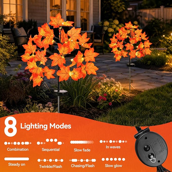 Fall Decorations Outdoor Solar Lights, 2Pcs Thanksgiving Lights 40LED 80 Maple Leaves Stake Light Waterproof 8 Lighting Modes for Autumn Patio Garden Yard Outside Halloween Thanksgiving Decorations