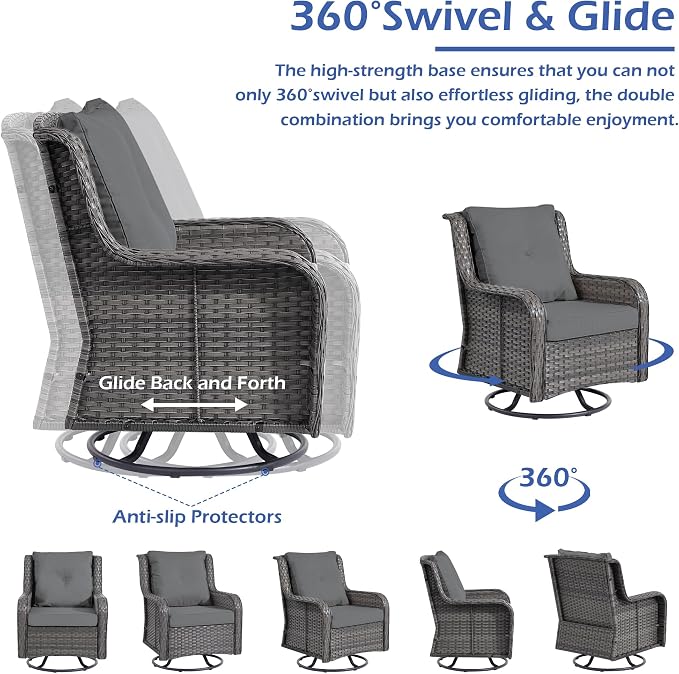 Wumiokio Patio Furniture Sets, 3 Pieces Wicker Outdoor Furniture - 360 Degree Swivel Rocking Chairs and Rattan Side Table for Garden,Porch,Backyard (Grey Wicker/Grey Cushion, 3PCS - Swivel Chairs)