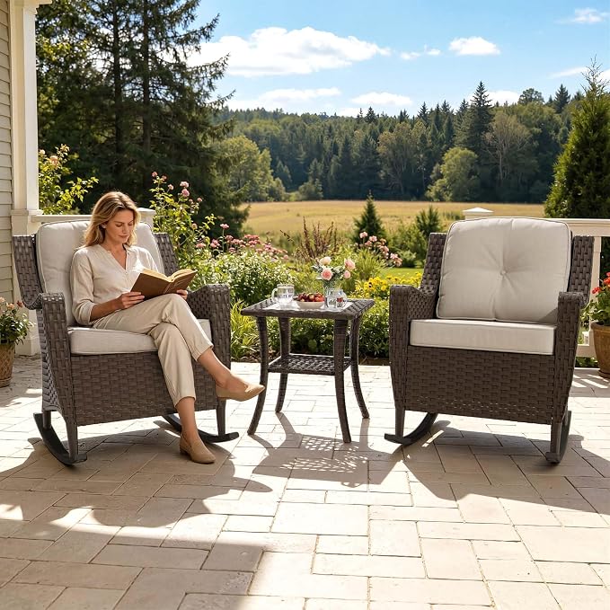 3 Pieces Patio Rocking Chairs, 2 High Back Rattan Furniture Set and Side Table, Outdoor PE Wicker Furniture Set, All Weather Patio Set with Waterproof Cushion for Porch and Deck