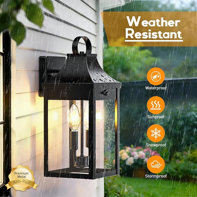 15.5'' Motion Sensor Outdoor Wall Light, Dusk to Dawn Outdoor Lighting | Large Black Modern Sconces Lantern Porch Lights, Exterior Lighting Fixtures with E12, Outside lights for House, 3 Modes