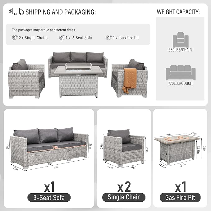 WAROOM Patio Furniture Set 4 Piece Outdoor Wicker Conversation Sets PE Rattan Couch Sectional Sofa with Fire Pit Table, Grey Cushion