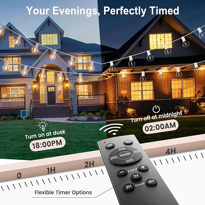 Outdoor-String-Lights with Remote 53FT Waterproof lights for Outside Patio | 12 inch Bulbs Apart,White Cord String Lights,Connectable Dimmable Patio Lights with Remote,Timer,3 Modes for Backyard, Bistro