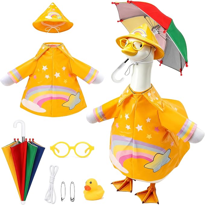 SIQUK Raincoat Porch Goose Outfits Raincoat Goose Clothes Fits 23" Statue | Raincoat Porch Goose Costume, Waterproof Goose Statue Clothes, With Hat Glasses Umbrella, All-Season Outdoor Decor