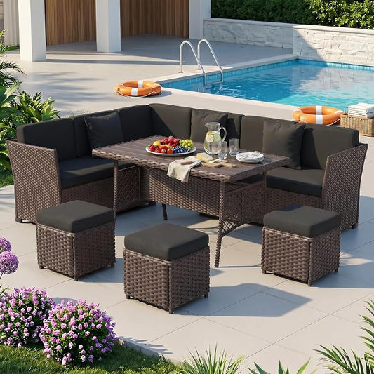 Patio Furniture Set, 7 Pieces Outdoor Dining Sets, All Weather Rattan Conversation Set, Outdoor Dining Sectional Sofa with Large Dining Table, Ottoman (Brown-Dark Grey, A-7 Pieces)