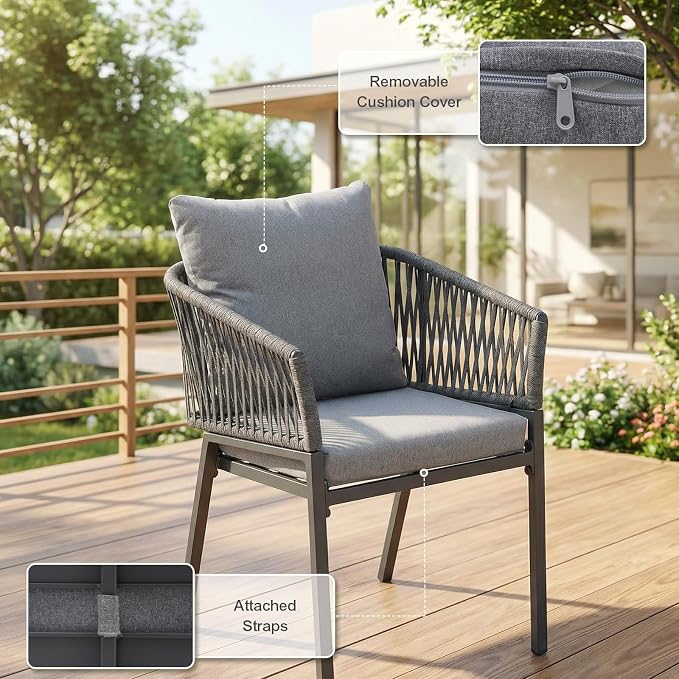 SUNSITT 7 Piece Outdoor Patio Dining Set, Patio Dining Furniture Set with 87” Aluminum Dining Table w/X Base Legs and 6 Woven Rope Outdoor Patio Chairs w/Curved Armrest for Garden, Dark Grey