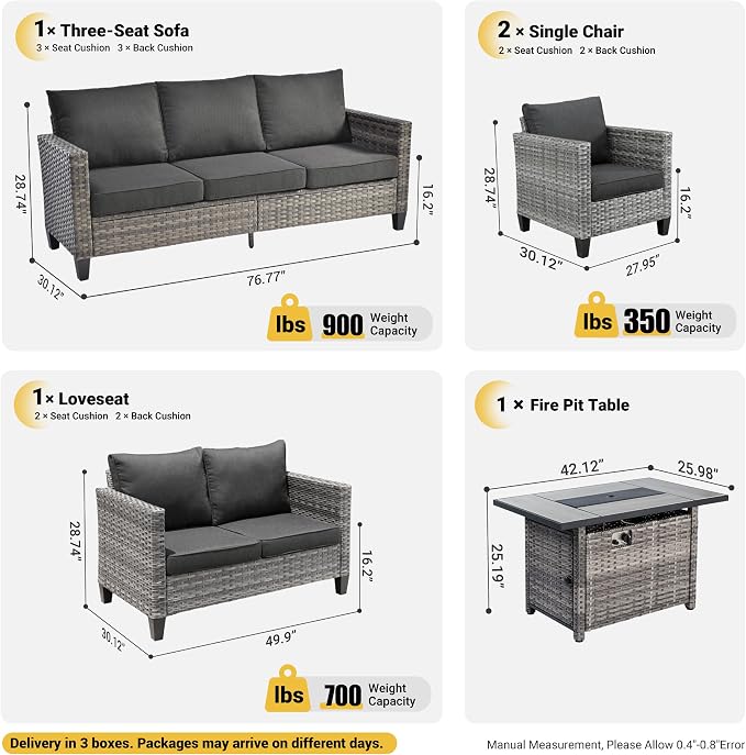 ovios 5 Pieces Patio Furniture Set, Outdoor Wicker Rattan Sofa Couch with 42" Fire Pit Table, Loveseat Chairs, Conversation Sets for Yard Porch Garden, Black