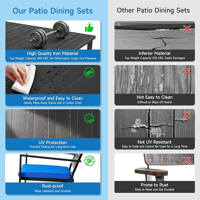 LuxaDomus 7 Piece Outdoor Dining Set, Wood Grain Outdoor Patio Table and Chairs Set, Metal Dining Set with with 6 Spacious Dining Chairs, All Weather Patio Furniture Set for Deck Garden Poolside