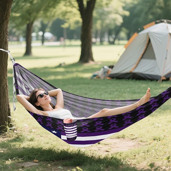 Purple Ribbon Alzheimer's Awareness Disease USA Flag Hammocks with Hanging Rope Indoor Hammock for Outside Patio Backyard Poolside