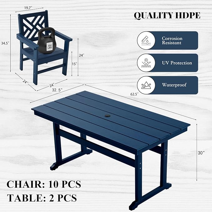 HDPE Dining Table Set for 10,12-Piece Outdoor Table and Chairs Include 10 Dining Chairs and 2 Pcs 62.5" Patio Dining Table with Umbrella Hole (Blue)