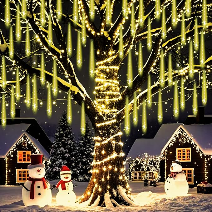 Weepong Christmas Lights Outdoor Falling Rain Meteor Shower Lights 12 inch 8 Tube 192 LED Snowfall Icicle Cascading String Light for Xmas Tree Christmas Decorations Holiday Garden, UL Plug,Warm White