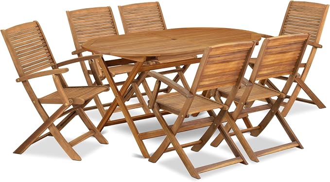 East West Furniture DIHD7CANA 7 Piece Patio Dining Set Includes an Oval Outdoor Acacia Wood Table and 6 Folding Arm Chairs, 36x60 Inch, Natural Oil
