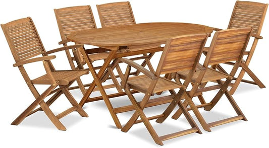 East West Furniture DIHD7CANA 7 Piece Patio Dining Set Includes an Oval Outdoor Acacia Wood Table and 6 Folding Arm Chairs, 36x60 Inch, Natural Oil