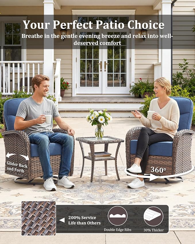 9-Piece Luxury Patio Furniture Set with 6-Inch Thick Cushions, High-Back Outdoor 4 Swivel Rocking Chairs with Wicker Side Table, All-Weather Conversation Set for Porch, Deck, Yard or Poolside – Blue