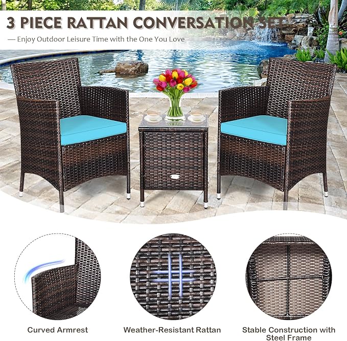 DORTALA Wicker Patio Furniture Set 3 Piece, Small Outdoor Table & Chairs Set with Cushions, All-Weather Rattan Conversation Bistro Set for Balcony, Porch, Backyard, Deck, Turquoise