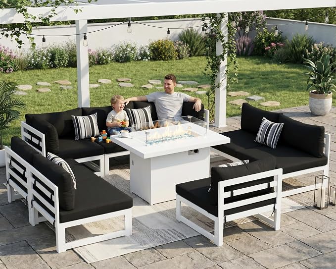 BULEXYARD 9 Piece Luxurious Aluminum Patio Furniture Set with Fireplace, 500 lbs Durable Outdoor Sectional Sofa, 29" Deep and Wide Big Seats, U Shaped Combo Conversation Couch for Outside Deck, Black