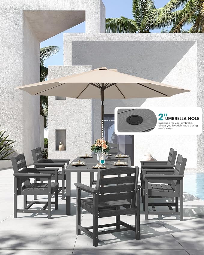 SERWALL HDPE and Aluminum Outdoor Dining Set for 8, Grey | 60" - 83" Expandable Outdoor Dining Table and 8 HDPE Chairs, All Weather Outdoor Furniture Set