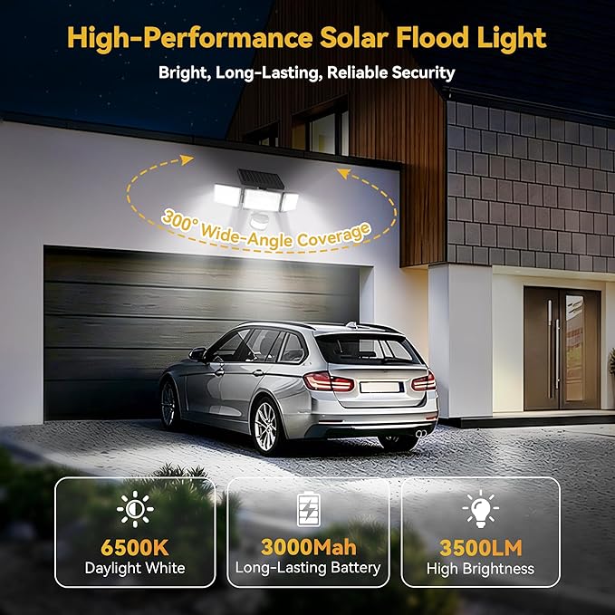 Solar Lights Outdoor, 3500LM 168 LED Motion Sensor Solar Flood Lights, 3 Heads 300° Wide Angle, 3 Modes IP65 Waterproof Solar Security Lights for Yard Garden Patio, 1 Pack (Black)