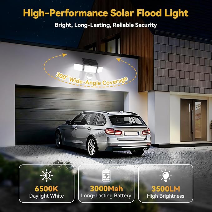 Solar Lights Outdoor, 3500LM 168 LED Motion Sensor Solar Flood Lights, 3 Heads 300° Wide Angle, 3 Modes IP65 Waterproof Solar Security Lights for Yard Garden Patio, 2 Pack (Black)