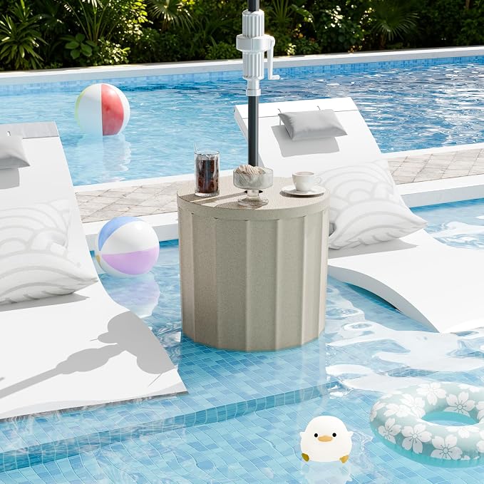 Umbrella Side Table, Outdoor Sturdy 2-in-1 Umbrella Base & Side Table, Wind-Resistant with Leak-Proof Water Bladder, Patio in Pool Umbrella Stand, No Rust Stains, Easy Assembly, Beige