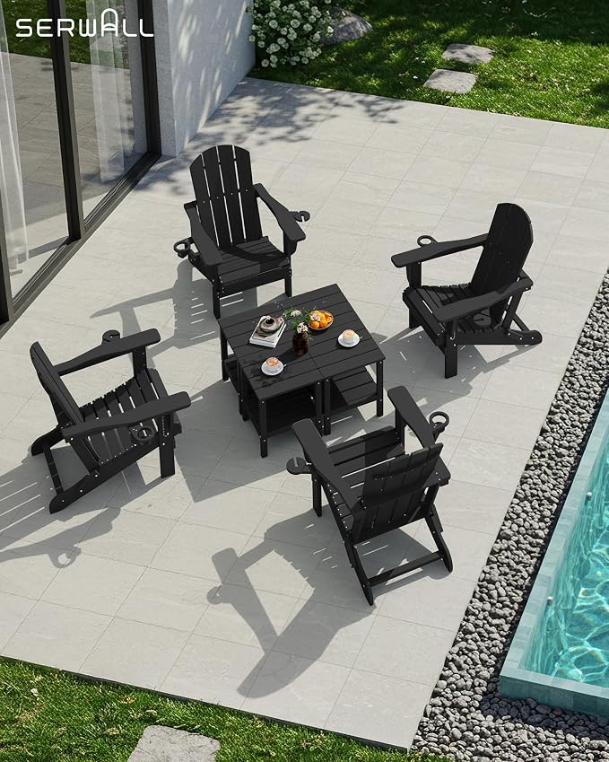 SERWALL 2-Tier HDPE Outdoor Side Table, Weatherproof Rectangular Adirondack Side Table, Black