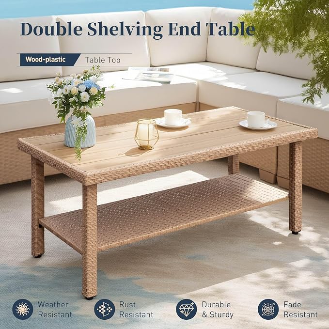 SUNSHINE VALLEY Patio Furniture Set 6 pcs, Wicker Rattan Sofa with 5.5" Thick Waterproof Cushions, 4 Chairs and Coffee Table, All Weather Outdoor Conversation Set for Backyard Deck, 7 Seats Beige