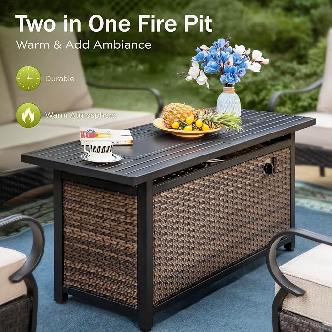 Patio Furniture Set with 56" Fire Pit Table, Premium Outdoor Wicker Metal Frame Furniture with Upgraded Waterproof Thick Cushions for Porch, Poolside, Deck, and Yard （4 Pieces,Red