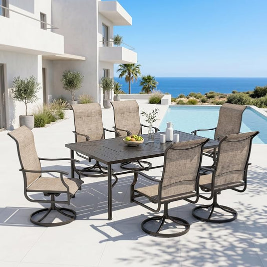 PHI VILLA 7 Piece Patio Dining Set, Outdoor Table and Chairs Furniture Dining Set with 6 Padded Swivel Chairs and 1 Large Metal Table, Patio Set for Lawn Garden Deck