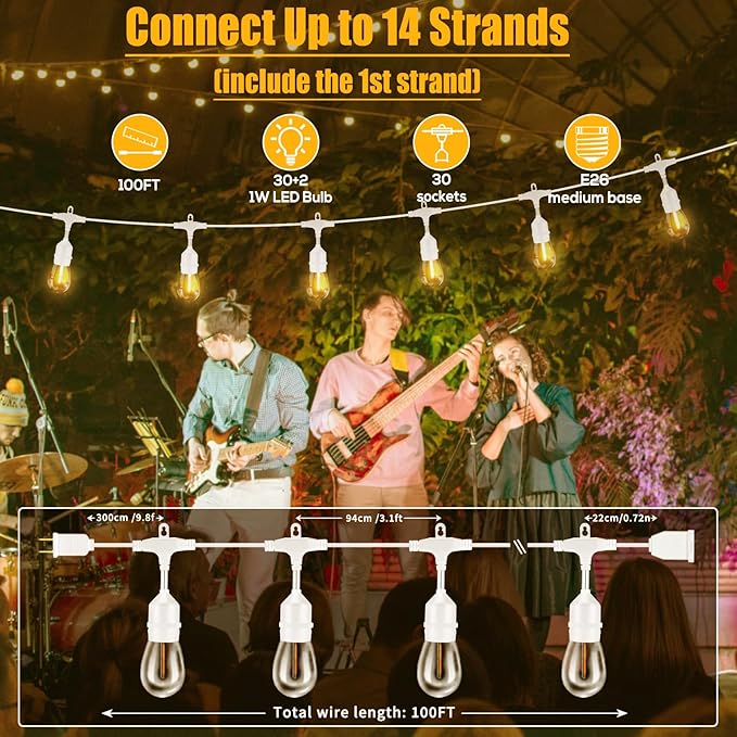 Outdoor String Lights White LED Waterproof 100FT for Patio Backyard Wedding | Linkable White Outdoor Lighting IP65 Weatherproof , 30+2 Plastic Dimmable Edison Bulbs for Outside Bistro Garden Porch Gazebo