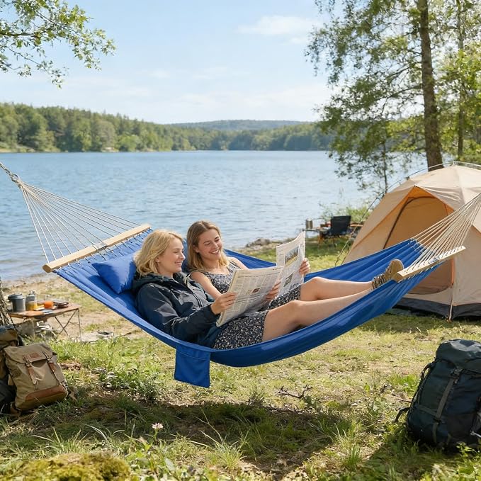 Double Hammock Outdoor Patio Garden Spreader Bars Wood | Quilted Polyester Extra Wide 2 Person Hammock Beechwood Spreader Bars Detachable Pillow Pocket and Hanging Kit Included
