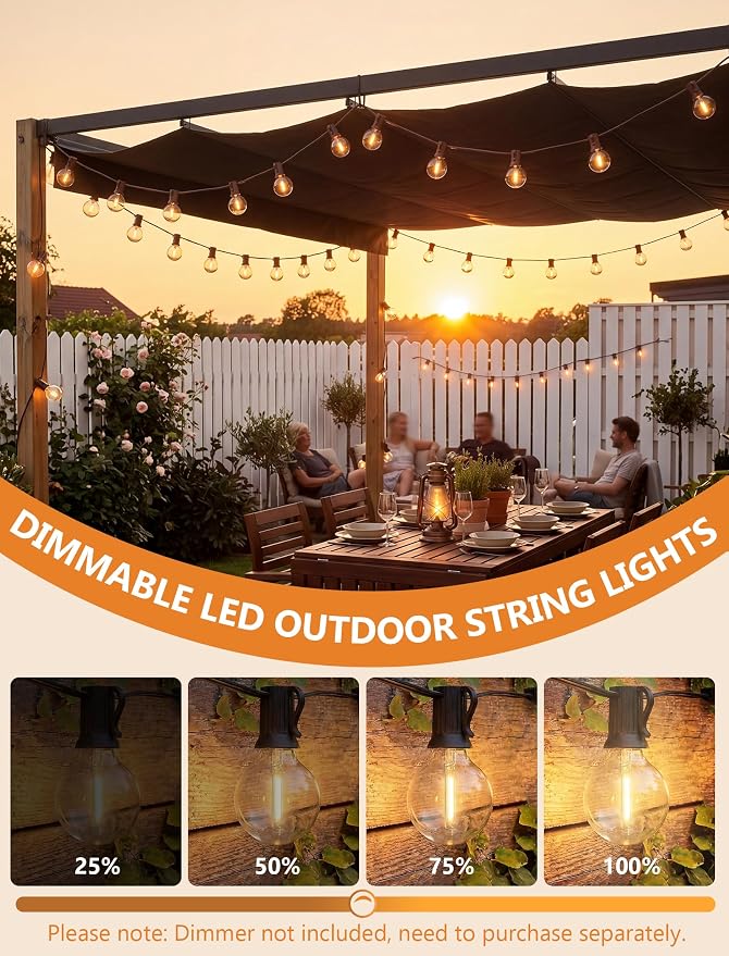 25FT LED G40 Outdoor String Lights with 25 Shatterproof Bulbs, Brown Wire | Waterproof Patio Globe Lights, Connectable Dimmable Outdoor Hanging Lights for Backyard Porch Garden Deck Bistro, Warm White