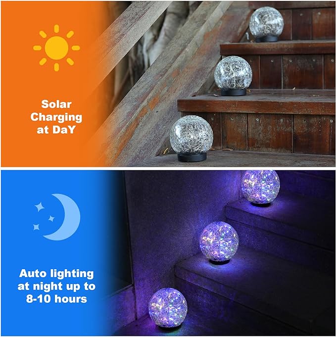 Solar Globe Lights Outdoor Waterproof-Solar Balls-Solar Garden Lights Orbs | Solar Globe Lights for Outside 6 Pack Cracked Glass Ball for Lawn Patio Yard Backyard Decorations