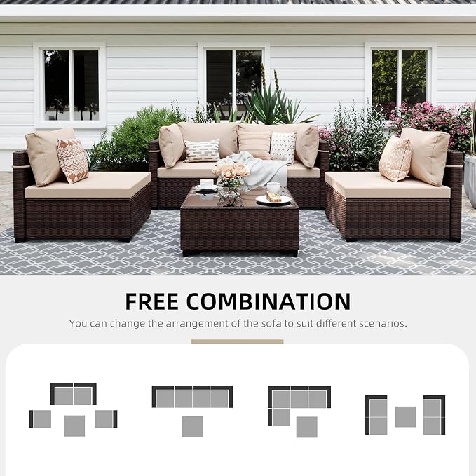 UPHA 5 Pieces Patio Furniture Sets, Wicker Outdoor Sectional Sofa Couch with Coffee Table, Patio Conversation Set for Deck Backyard Garden, Brown Rattan, Beige Cushion
