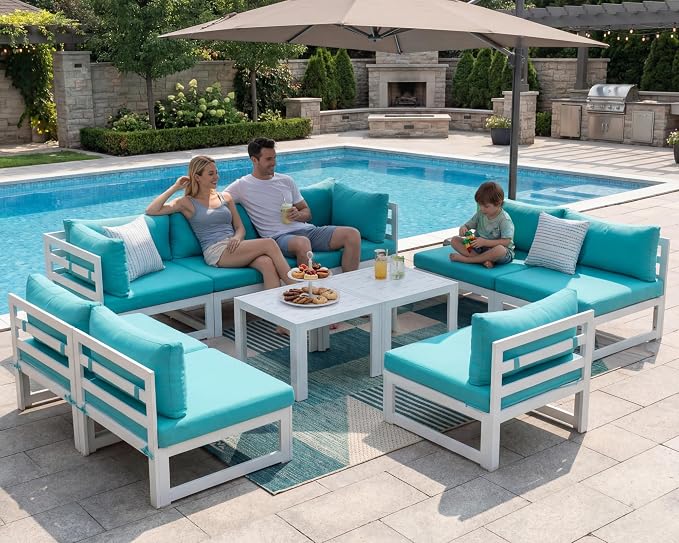 NICESOUL 10 Piece Oversized Modern Aluminum Patio Furniture Set, All Weather Rust Resistant Modular Sectional Sofa with Side Table, 500 lbs Heavy Duty Comfortable Outdoor Couch for Backyard Lawn, Teal