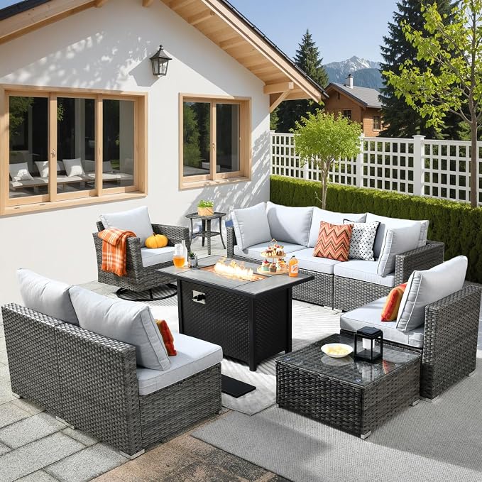 HOOOWOOO 10 Piece Patio Sectional Furniture Set with Fire Pit Table,Modern Wicker Outdoor Conversation Sofa Sets,Weather Resistant Modular L Shaped Outside Couch Swivel Chair Set(Light Grey)
