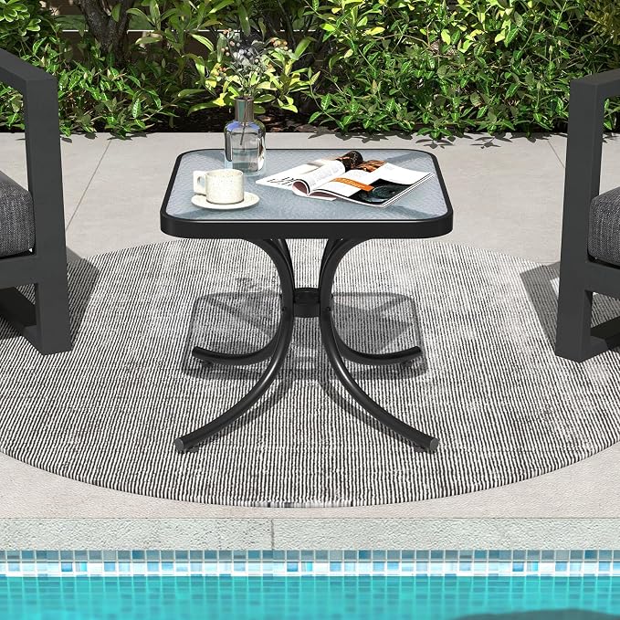 Giantex Small Outdoor Side Table with Tempered Glass Top, Heavy-Duty Metal Frame, 110 Lbs Capacity, Square Patio Table for Balcony, Porch, Backyard, Deck, Black