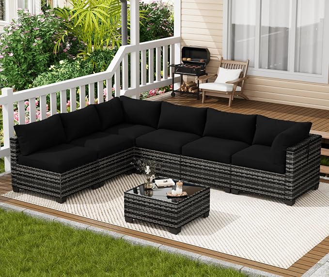 LOUVIXA 7 Piece Outdoor Patio Furniture Set, Outdoor Sectional Sofa, Wicker Rattan Patio Furniture, Patio Conversation Set with Coffee Table & Cushions