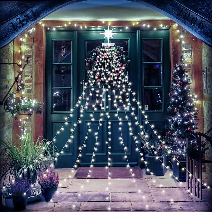 Christmas Decorations, Outdoor Christmas Lights, 320 LED Outdoor Christmas Tree String Lights with 12" Star Toppers [8 Modes& Waterproof] for Xmas New Year Holiday Decor (Dipper White)