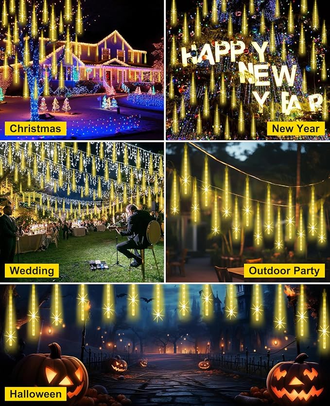 Outdoor Christmas Lights 16 Inch 20 Tubes Meteor Shower, Warm White | Falling Rain Drop Icicle String Lights, Cascading Snow Effect Waterproof Xmas Decor for Tree Wedding Party Garden Holiday