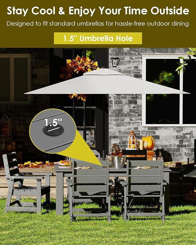 GREENVINES 7-Piece Outdoor Dining Set | HDPE | Patio Table and Chairs Sets for 6 | Patio Furniture | All Weather | Umbrella Hole | Grey | for Backyard Poolside Garden