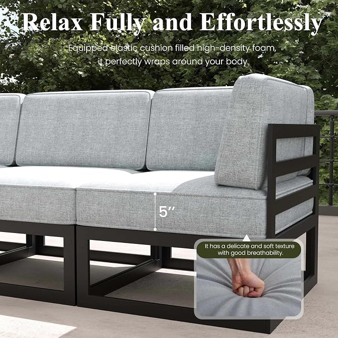 LayinSun Large Aluminum Patio Furniture Set with Fire Pit Table, 7 Pieces Modern Outdoor Conversation Set Sectional Metal Sofa Set with Olefin Cushion