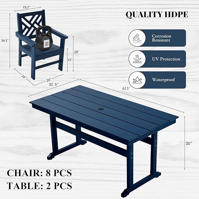 HDPE Outdoor Dining Set,10-Piece Outdoor Table and Chairs Include 8 Dining Chairs and 2 Pcs 62.5" Patio Dining Table with Umbrella Hole (Blue)