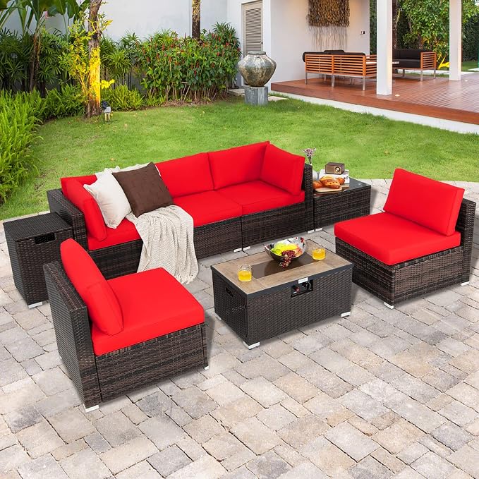 Tangkula 8 Piece Outdoor Wicker Sofa Set, Patio Rattan Conversation Set w/32” Propane Fire Pit Table & Tank Holder, 40,000 BTU Heat Output, Cozy Seat & Back Cushions, Fire Pit PVC Cover (Red)