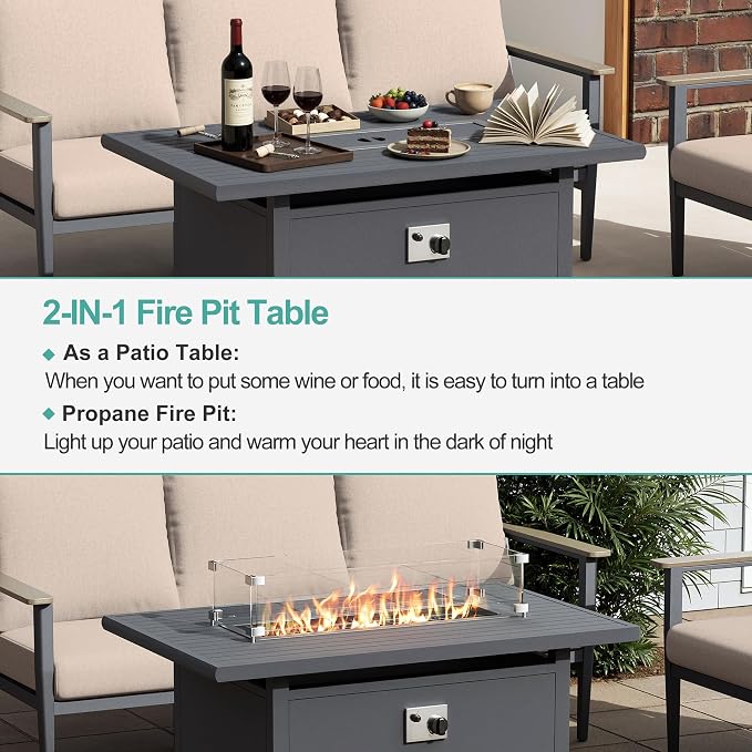 Aluminum Outdoor Patio Furniture Set with Swivel Rocking Chairs 7-Seat, Patio Sectional Sofa Patio Conversation Set with 55,000 BTU Fire Pit Table High Backrest & Thickened Cushions, Sand
