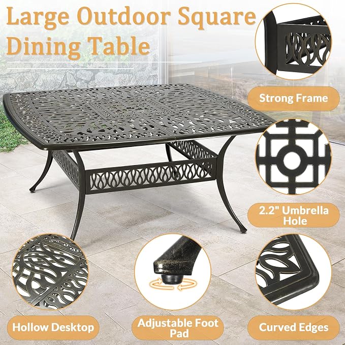 9 Piece Outdoor Patio Dining Set for 8, Cast Aluminium Large Square Dining Table & 8 Swivel Rocker Chairs with Removable Cushions, Umbrella Hole, Patio Furniture Set for Garden, Ocean Blue