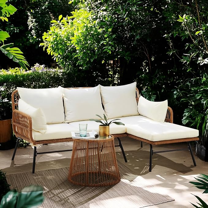 Bezseller 3-Piece Outdoor Patio Furniture Set, L-Shaped Rattan Sectional Sofa with Thick Cushions, Glass Coffee Table – All-Weather Conversation Set for Backyard, Porch, Poolside