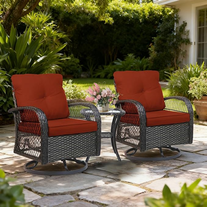 3 Piece Outdoor Swivel Rocker Patio Chairs, All-Weather Rattan Chair, Wicker Glider Patio Furniture Set with Side Table, for Garden, Backyard, Deck, Red